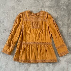 Point Sur Mustard Yellow Lace Crotchet Peasant Top Size 6 Cottage Coquette Boho